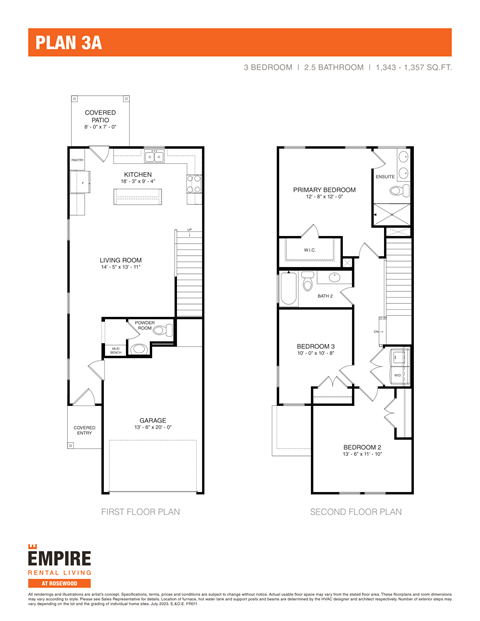 Floor plan for 3 beds, 2.5 baths, 1357 sqft